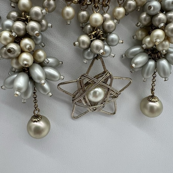 Vintage Star Pendant Cluster Bead Faux Pearl Bib Necklace Gold Tone Chain - Picture 2 of 8